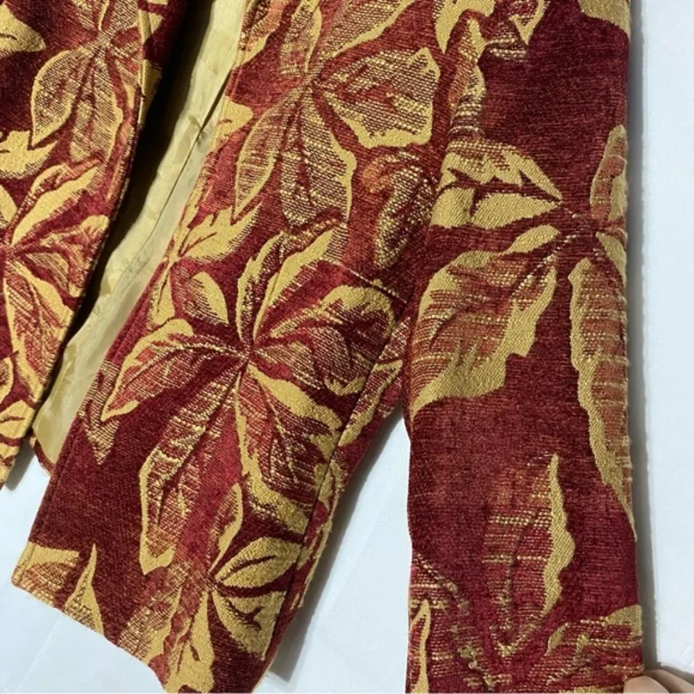 Harvé Benard Red Yellow Chenille Leaf Print Tapestry Open Front Blazer Jacket S - Picture 7 of 14
